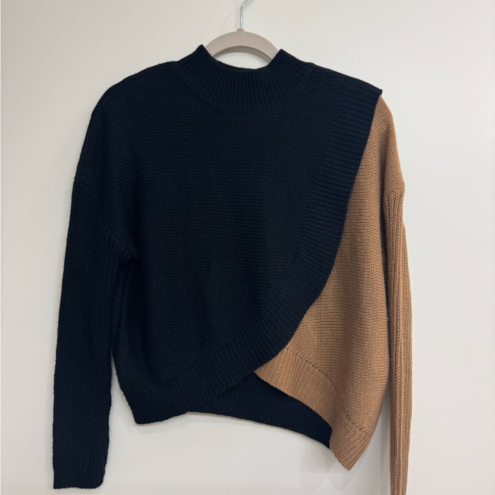 Black and Tan Cowl Neck Sweater with Asymmetrical Design